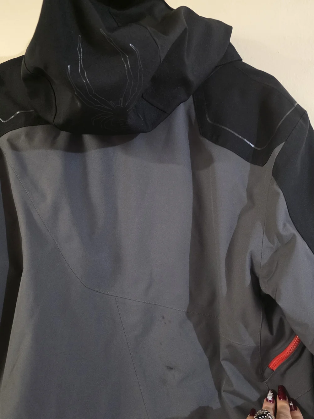 Spyder Men's Gray and Black Ski Jacket with Red Accents